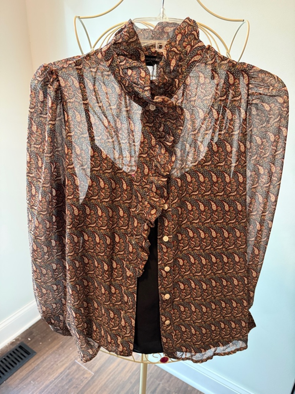 Banana Republic Brown Paisley Ruffle-Neck Sheer Blouse